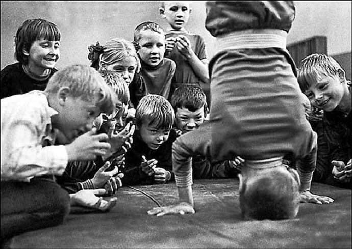Childrens life in the USSR. Black and white photography of youth