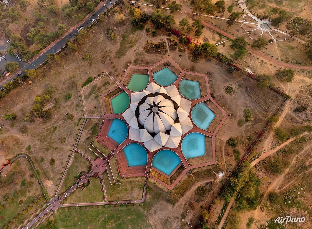 Lotus Temple, Delhi, India. Aerographic photo. Bird's eye view. Airpano