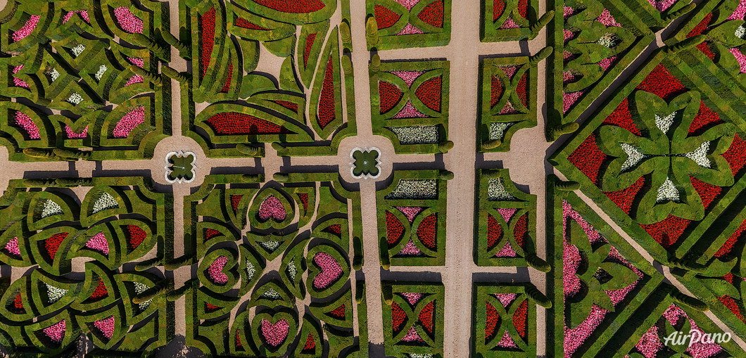 Gardens of the Château de Villandry, France Aerographic photo. Bird's eye view. Airpano