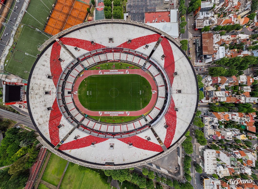 Estadio Antonio Vespucio Liberti (River Plate Stadium), Buenos Aires, Argentina. Aerographic photo. Bird's eye view. Airpano