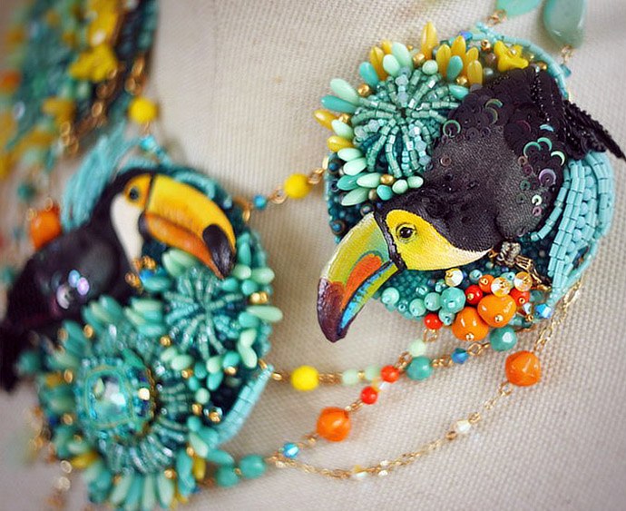 Flying fantasy. Magic birds from silk, beads, sequins and crystals