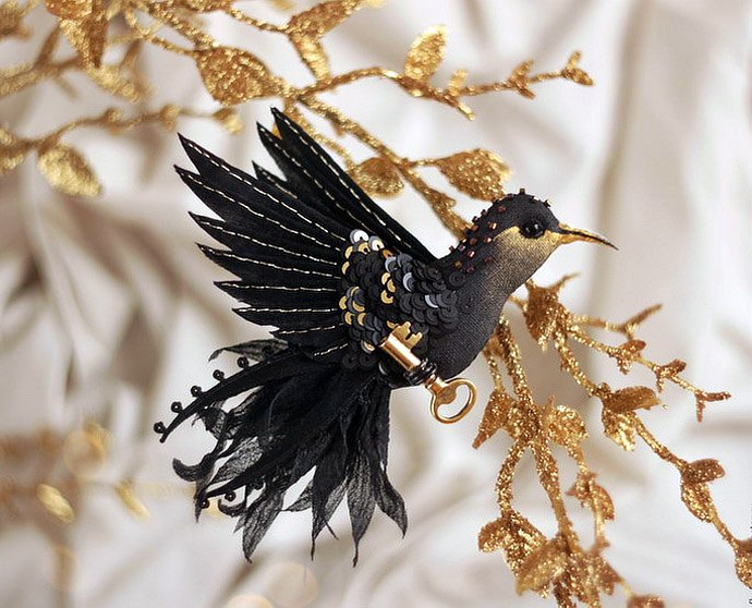 Flying fantasy. Magic birds from silk, beads, sequins and crystals