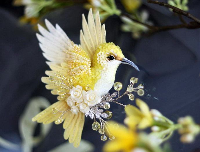 Flying fantasy. Magic birds from silk, beads, sequins and crystals