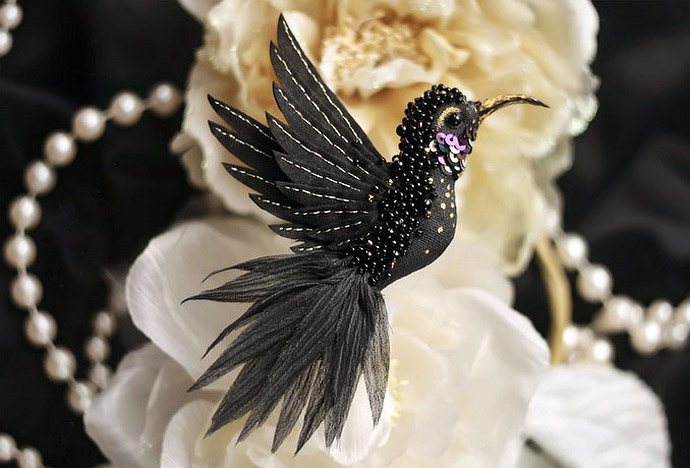 Flying fantasy. Magic birds from silk, beads, sequins and crystals