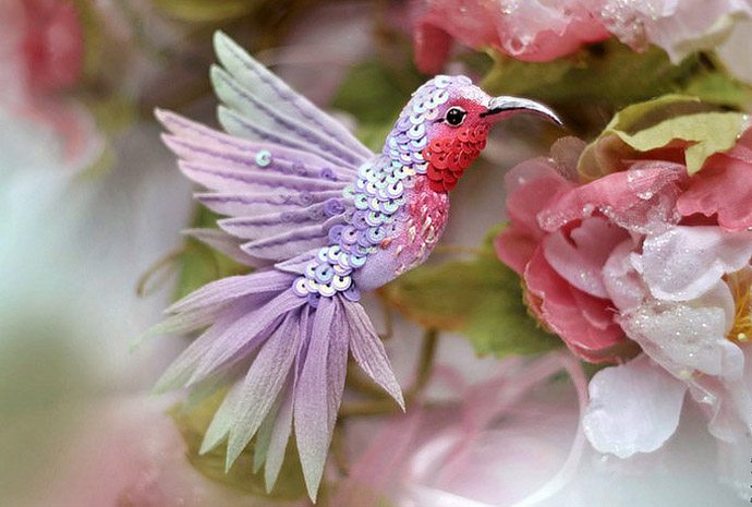 Flying fantasy. Magic birds from silk, beads, sequins and crystals