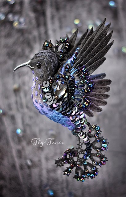 Flying fantasy. Magic birds from silk, beads, sequins and crystals