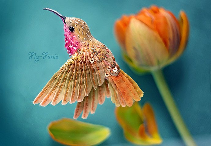 Flying fantasy. Magic birds from silk, beads, sequins and crystals