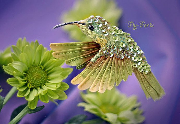 Flying fantasy. Magic birds from silk, beads, sequins and crystals