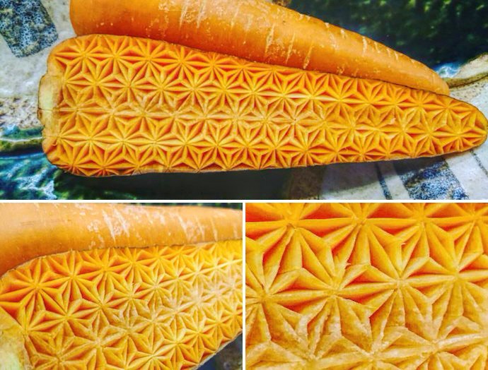 Patterned carrot. Mukimono 剥き物. Fruit-vegetable carving. Japanese virtuoso Gaku