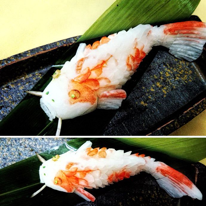 Fish. Mukimono 剥き物. Fruit-vegetable carving. Japanese virtuoso Gaku